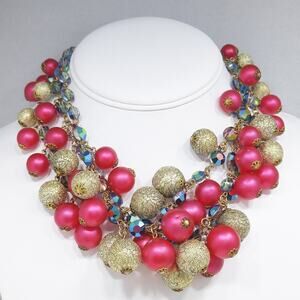 Vintage AB Crystals Red & Gold Beaded Necklace, Three Strands, 1960s